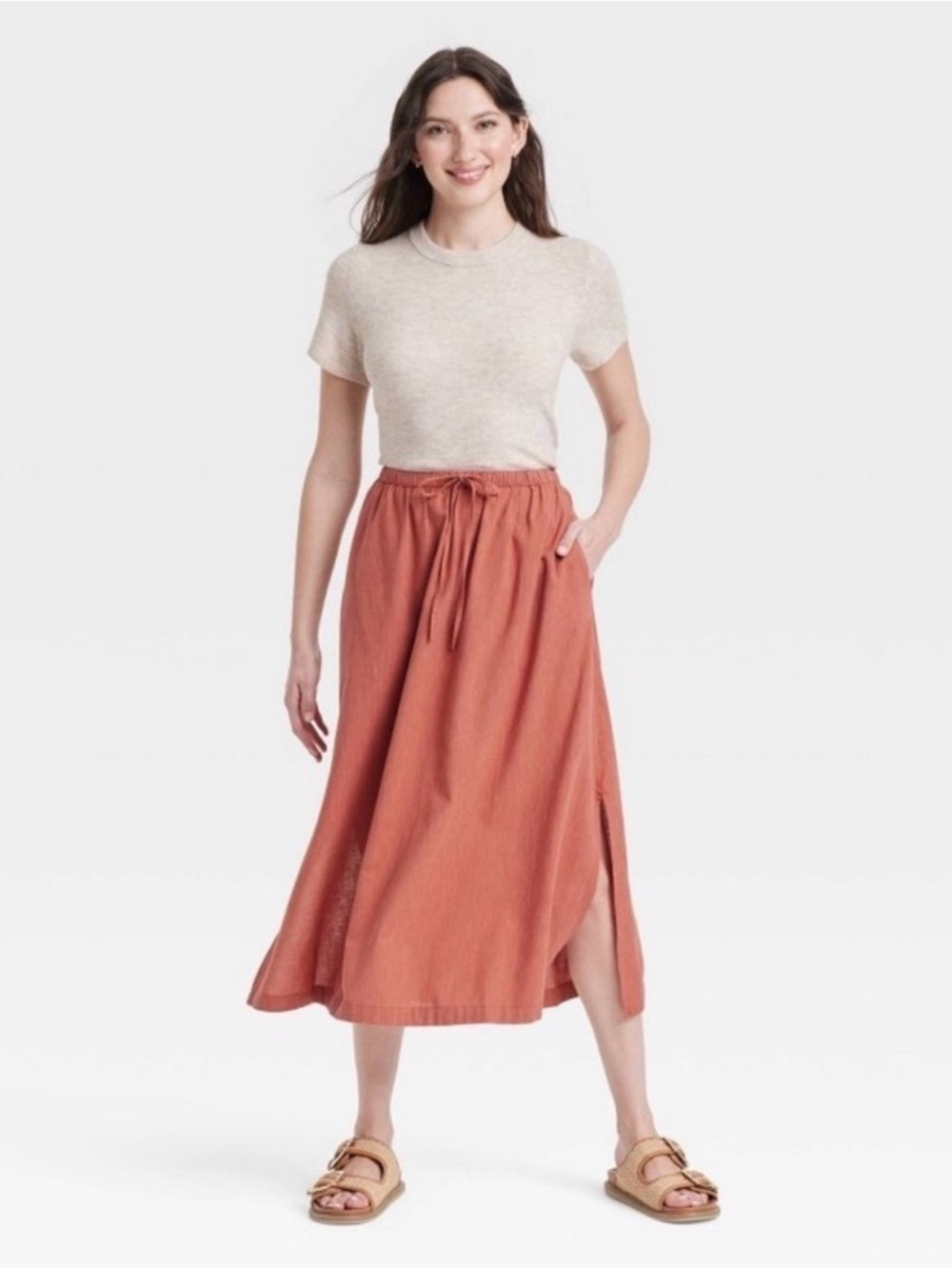 Universal Threads Effortless A-Line Drawstring Midi Skirt in Rust ~ Size Large